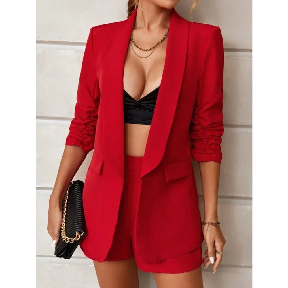 red classy Shawl Collar Ruched Sleeve Blazer & Shorts